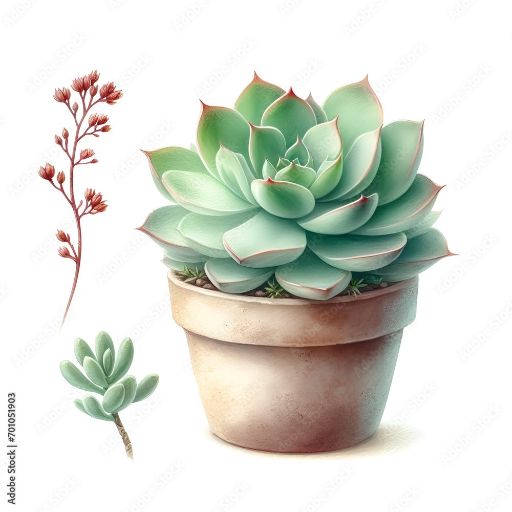 watercolor simply succulent plant in pot isolated on white background watercolor simply succulent plant in pot isolated on white background
