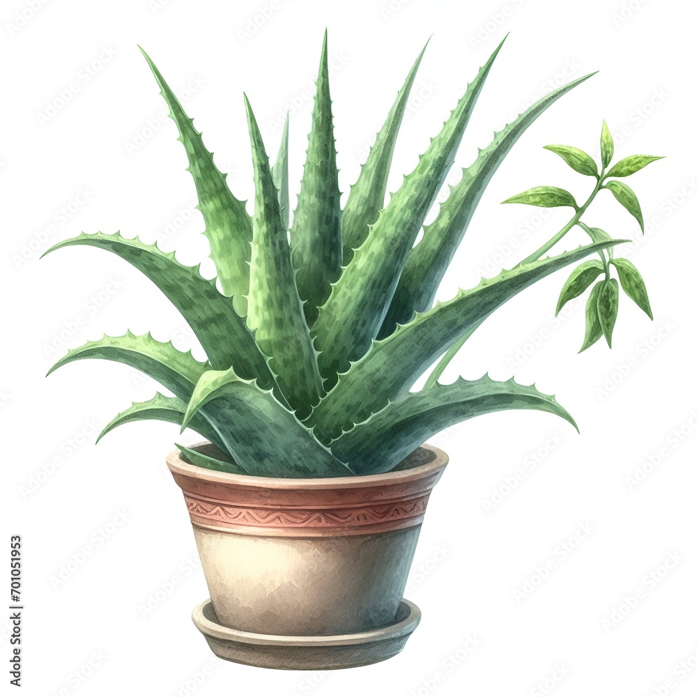 watercolor simply aloe plant in pot isolated on white background watercolor simply aloe plant in pot isolated on white background