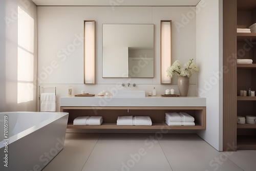 Modern classic minimalist bathroom in a residential setting, emphasizing clean lines, high-end fixtures, and a serene ambiance