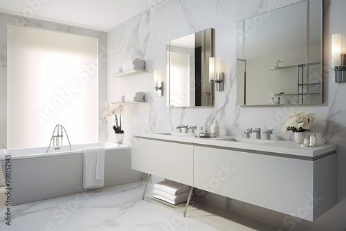 Modern classic minimalist bathroom with sleek fixtures  clean lines  and a soothing color palette