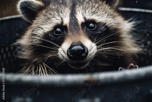 Close up of raccon in garbage bin photo