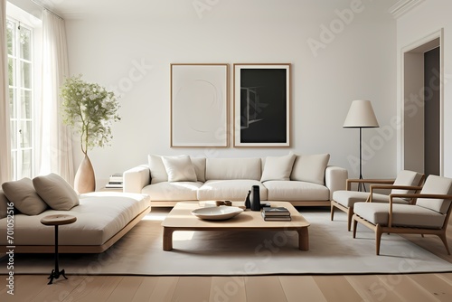 Modern classic minimalist living room with clean lines, neutral tones, and a carefully curated selection of furniture