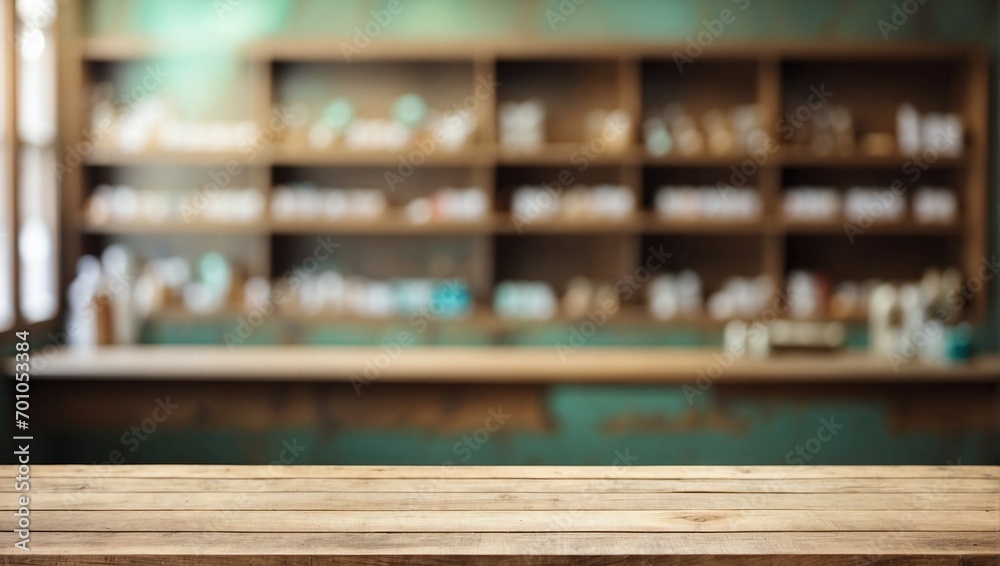 Blurred Pharmacy Table on Empty Wooden Table Background, Wooden Table, Copy Space