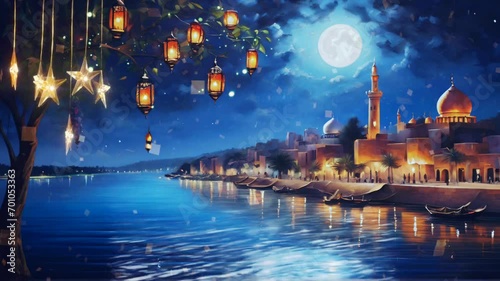 Ramadan lanterns illuminate the night with the mosque across the lake. Seamless Animation 4K Video Background.