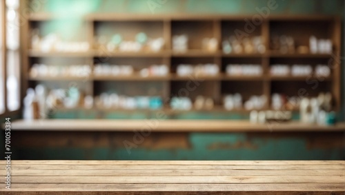 Blurred Pharmacy Table on Empty Wooden Table Background, Wooden Table, Copy Space