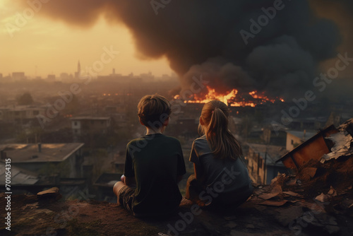 a couple child sits with his back and sees a city destroyed by war. a child without a family in the ruins. The city is on fire after an airstrike by an enemy aggressor country. Generative AI photo