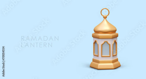 Placard with Ramadan lantern with blue background and place for text. Religious elements for celebrating Ramadan concept. Vector illustration in 3d style