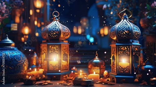 Ramadan decoration with arabic lantern and candle illuminates in the night. Seamless Animation 4K Video Background.