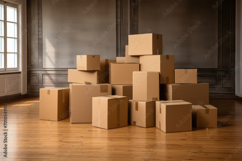 Moving house real estate concept. Boxes waiting to be unpacked on moving day Moving house real estate concept. Boxes waiting to be unpacked on moving day