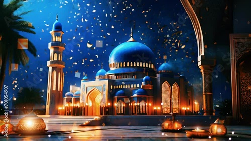 beautiful mosque at night with beautiful panorama, eid mubarak, ramadan kareem. Seamless Animation 4K Video Background.