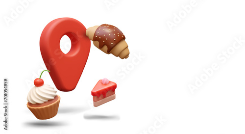 Giant geo tag, croissant, cupcake, cake. Find cafeteria. Sweet shop location. Road to bakery. Laying route. Advertising composition on white background