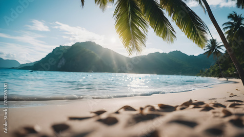 View of the sea beach and coconut trees and leaves with copy space AI generated image