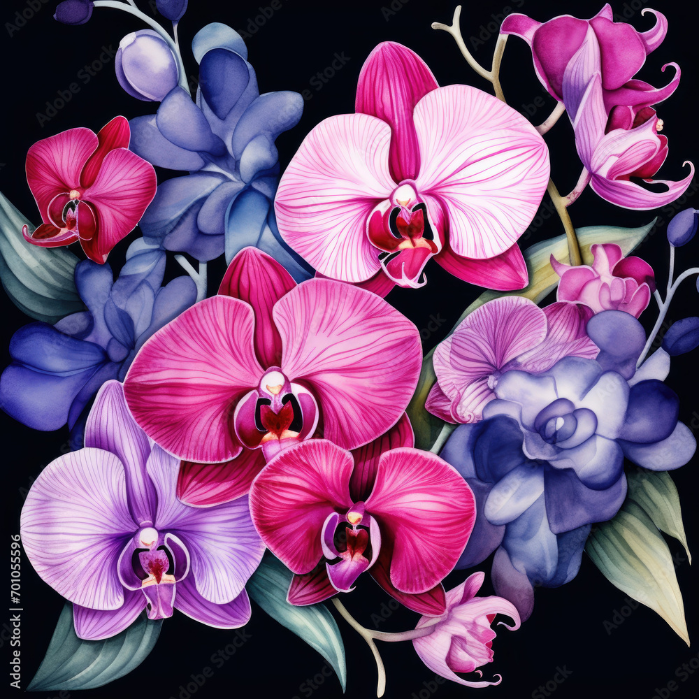 Fototapeta premium Painting of Vibrant Purple and Pink Flowers on a Dark Canvas