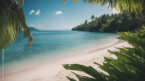 View of the sea beach and coconut trees and leaves with copy space AI generated image