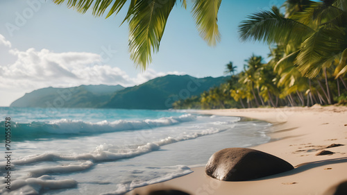 View of the sea beach and coconut trees and leaves with copy space AI generated image
