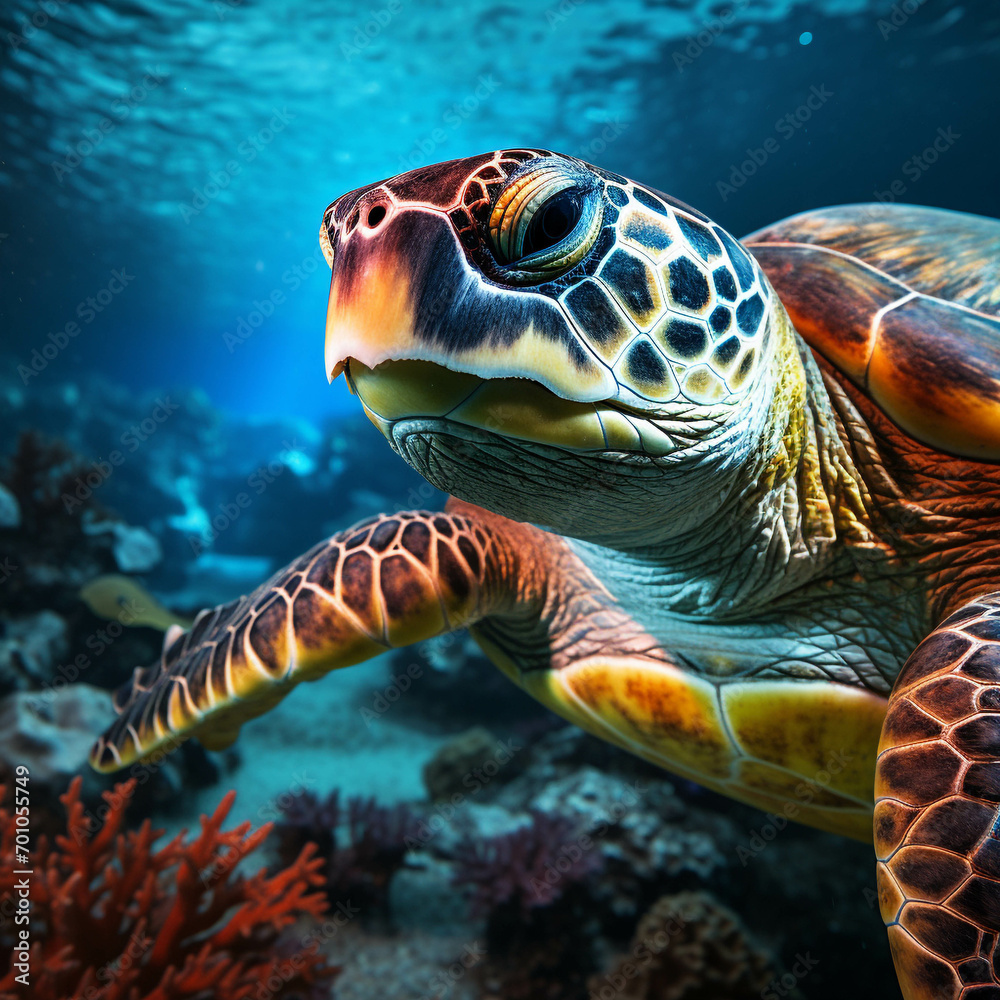 Obraz premium Image of a sea turtle swimming in the sea.