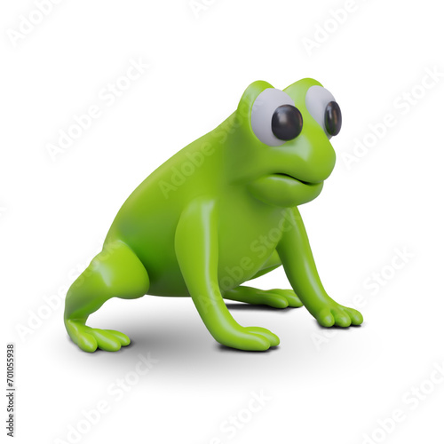 3D green frog in plasticine style. Funny character. Vector toad, side view. Toy amphibian with big eyes. Water animal. Isolated illustration with shadow