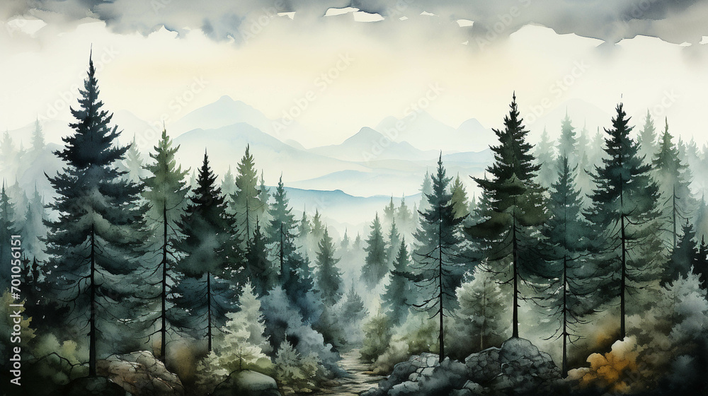 Beautiful nature watercolor picture of pine trees. - obrazy, fototapety, plakaty 