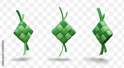 Festive dish, ketupat in organic green packaging. Eco concept of Islamic cuisine. Set of realistic models. Traditional rice dish. Isolated templates for web design