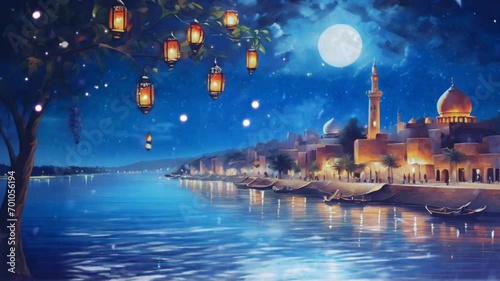 Ramadan lanterns illuminate the night with the mosque across the lake. Seamless Animation 4K Video Background.