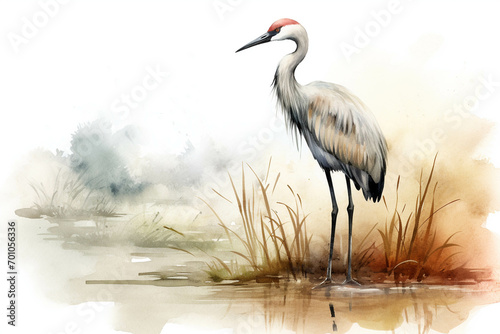 Watercolor picture of a crane. photo
