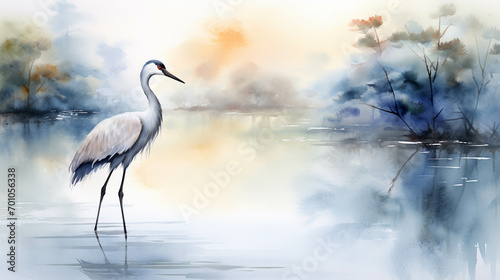 Watercolor picture of a crane. photo