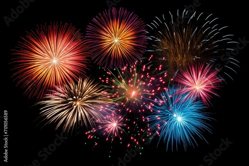 closeup view of very beautiful fireworks isolated on a black background for overlay