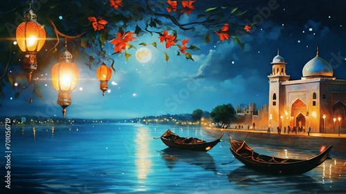 Ramadan lanterns illuminate the night with the mosque across the lake. Seamless Animation 4K Video Background.