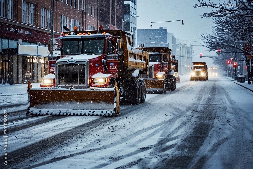 During snowfall, large dump trucks and snowplows operate on city roads During snowfall, large dump trucks and snowplows operate on city roads