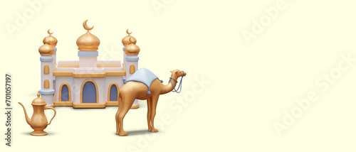 Realistic camel, mosque, tall coffee pot. Stylized oriental concept on yellow background. Advertising for travel agencies. Web template with place for promotional offer