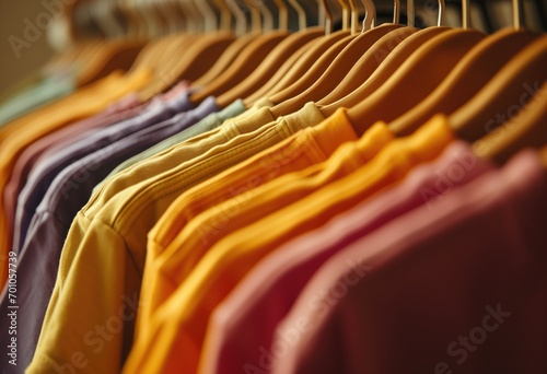 Neatly arranged wooden hangers display vibrant t-shirts in a brightly lit shop. Multiple colors, textures, and detailed composition make this stock image highly relevant for fashion retail photo