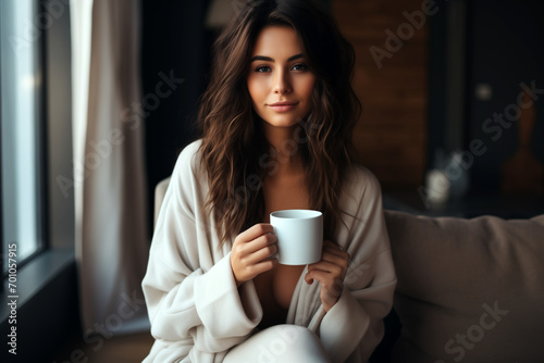 woman wearing bah robe and drinking coffee at morning photo