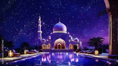 beautiful mosque at night with beautiful panorama, eid mubarak, ramadan kareem. Seamless Animation 4K Video Background.