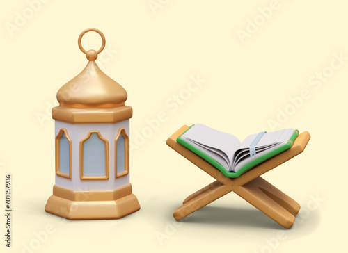 3D traditional Arabic lantern, open Quran on wooden book stand. Set of isolated illustrations for religious compositions. Study and interpretation of sacred Muslims texts