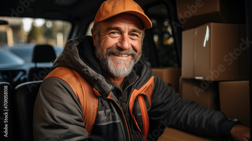 A smiling delivery man delivers packages by car