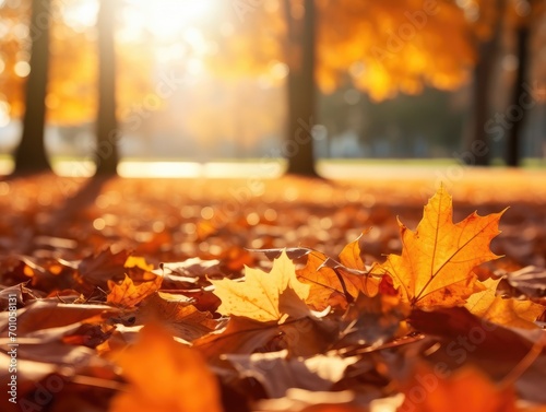 orange fall leaves in park, sunny autumn natural background