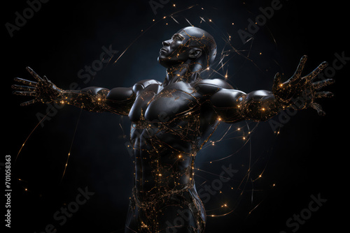 A figure with outstretched arms, isolated on a black background, expressing the desire for connection. Generative Ai.