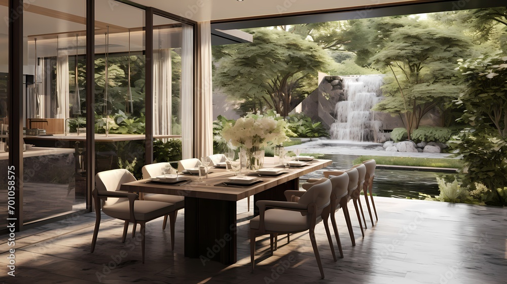 Modern dining space with an open-concept design, a marble-top table, and panoramic windows overlooking a lush garden