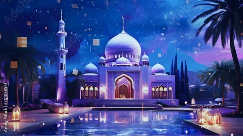 beautiful mosque at night with beautiful panorama, eid mubarak, ramadan kareem. Seamless Animation 4K Video Background.