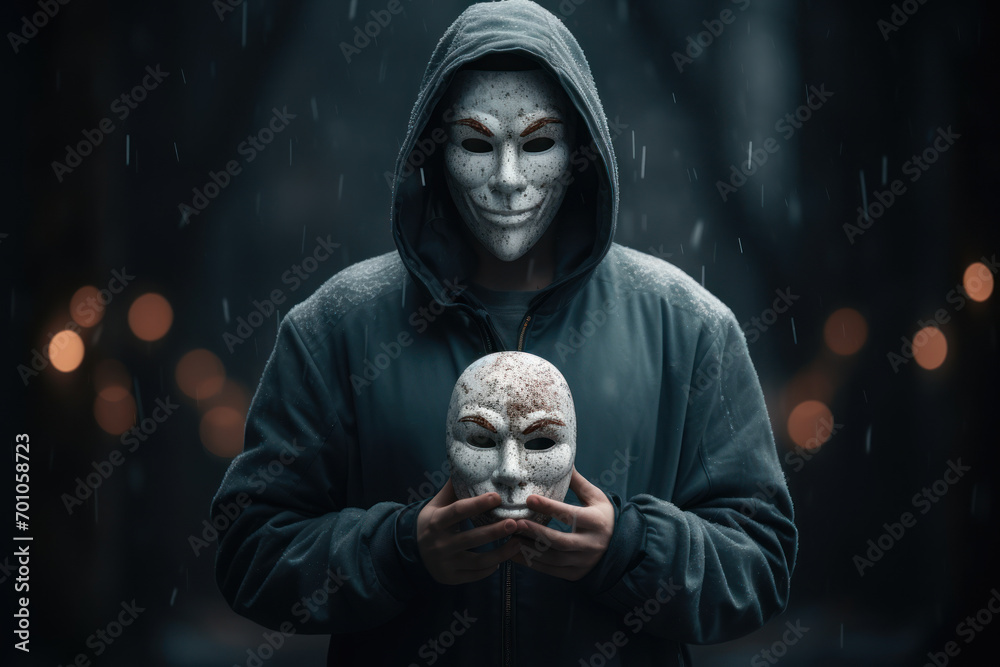 A person holding a mask, isolated on a theatrical background, exploring the solitude of hidden identities. Generative Ai. A person holding a mask, isolated on a theatrical background, exploring the solitude of hidden identities. Generative Ai.