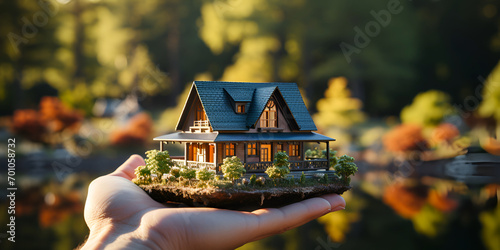 Concept of buying or building new home. Male hand showing, offering a new dream house at the empty field with copy space photo