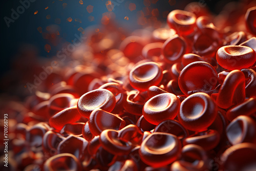 3d rendering of red blood cells in vein with depth of field, A 3D rendering of a blood vessel with blood cells flowing in one direction photo