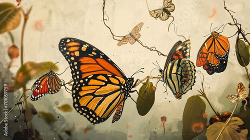 Sequential illustration on lifecycle of butterfly, AI Generated