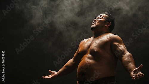 A middle-aged but muscular Japanese super heavyweight wrestler sticks out his big belly after a match