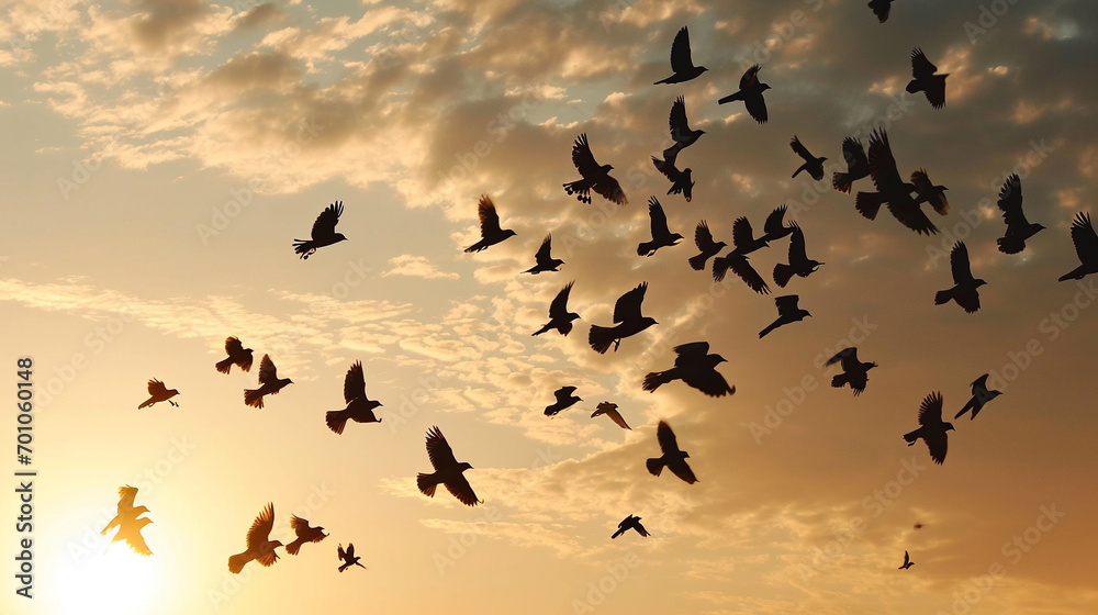 Birds flying freely in clear, unpolluted sky, AI Generated