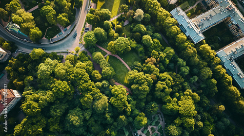 Bird's eye view of urban green spaces and parks intermingling with buildings, AI Generated