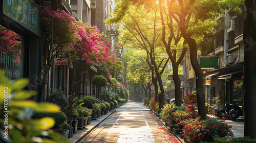 Busy urban streets lined with trees and flowering plants, AI Generated photo