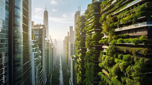 City skyline made up of eco-friendly skyscrapers with vertical gardens, AI Generated