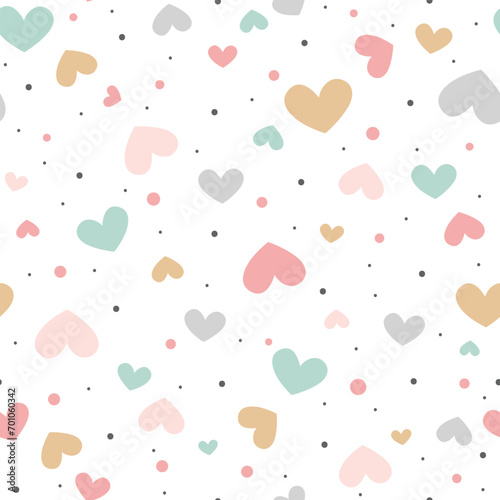 Cute pastel hearts seamless pattern on white background. Cute design for Valentines Day greeting card, scrapbooking, paper goods, background, wallpaper, wrapping, fabric and more. Vector Illustration