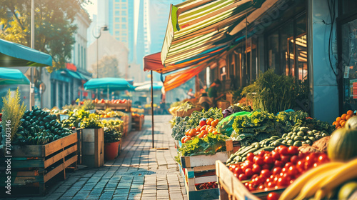 Cityscape bustling with green markets selling locally grown produce  AI Generated